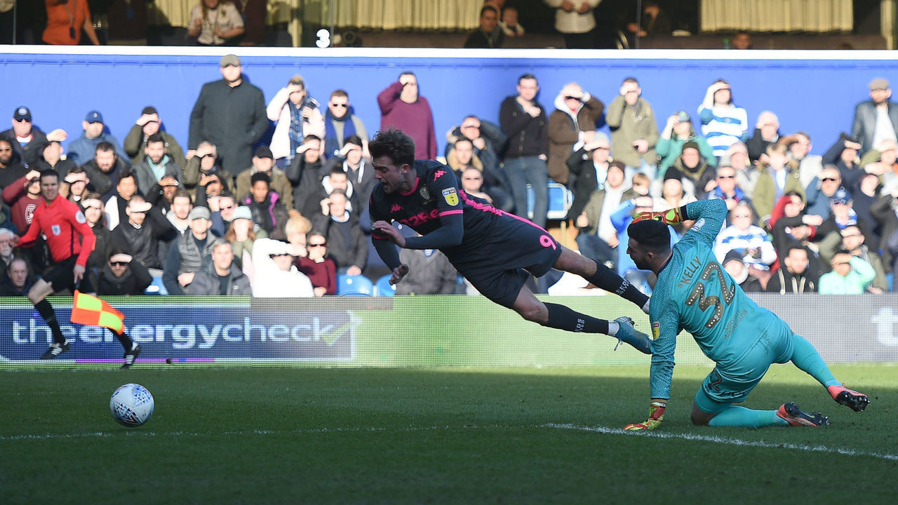Leeds United's Patrick Bamford wins a penalty during the Sky Bet Championship at Loftus Road, London.