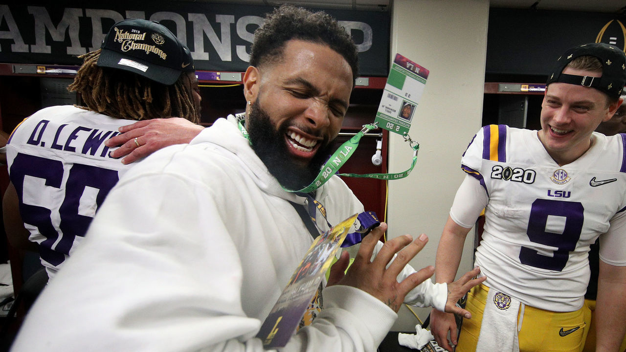 NEW ORLEANS, LOUISIANA - JANUARY 13: Odell Beckham Jr. celebrates in the locker room with Joe Burrow #9 of the LSU Tigers after their 42-25 win over Clemson Tigers in the College Football Playoff National Championship game at Mercedes Benz Superdome on January 13, 2020 in New Orleans, Louisiana.