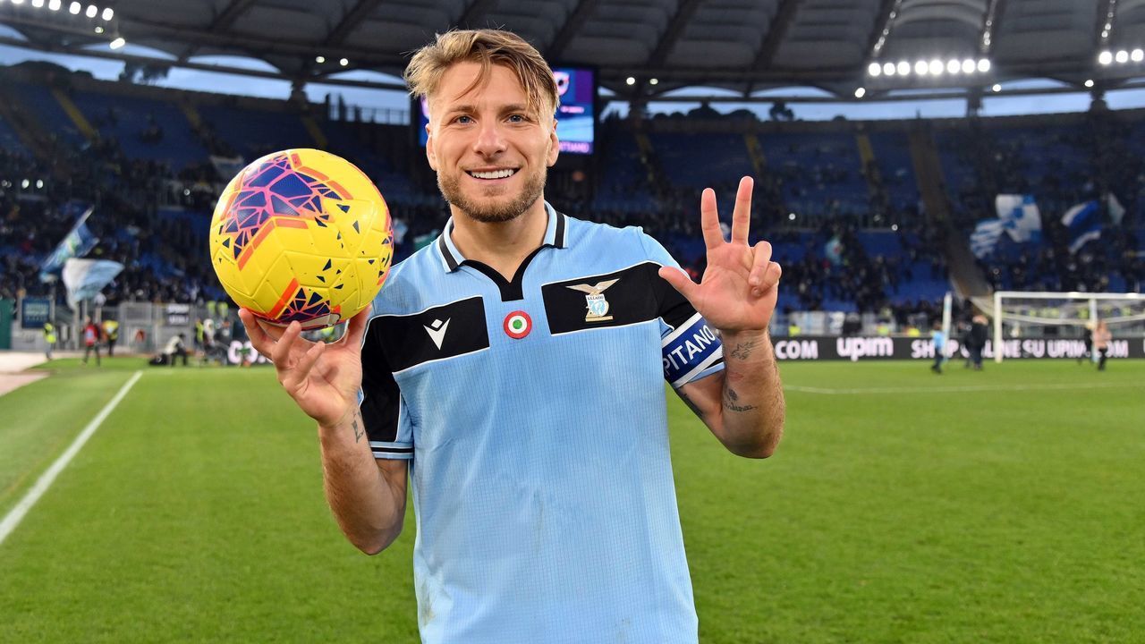 ROME, ITALY - JANUARY 18: Ciro immobile of SS Lazio shows the number three after scoring his third goal of his team during the Serie A match between SS Lazio and UC Sampdoria at Stadio Olimpico on January 18, 2020 in Rome, Italy.
