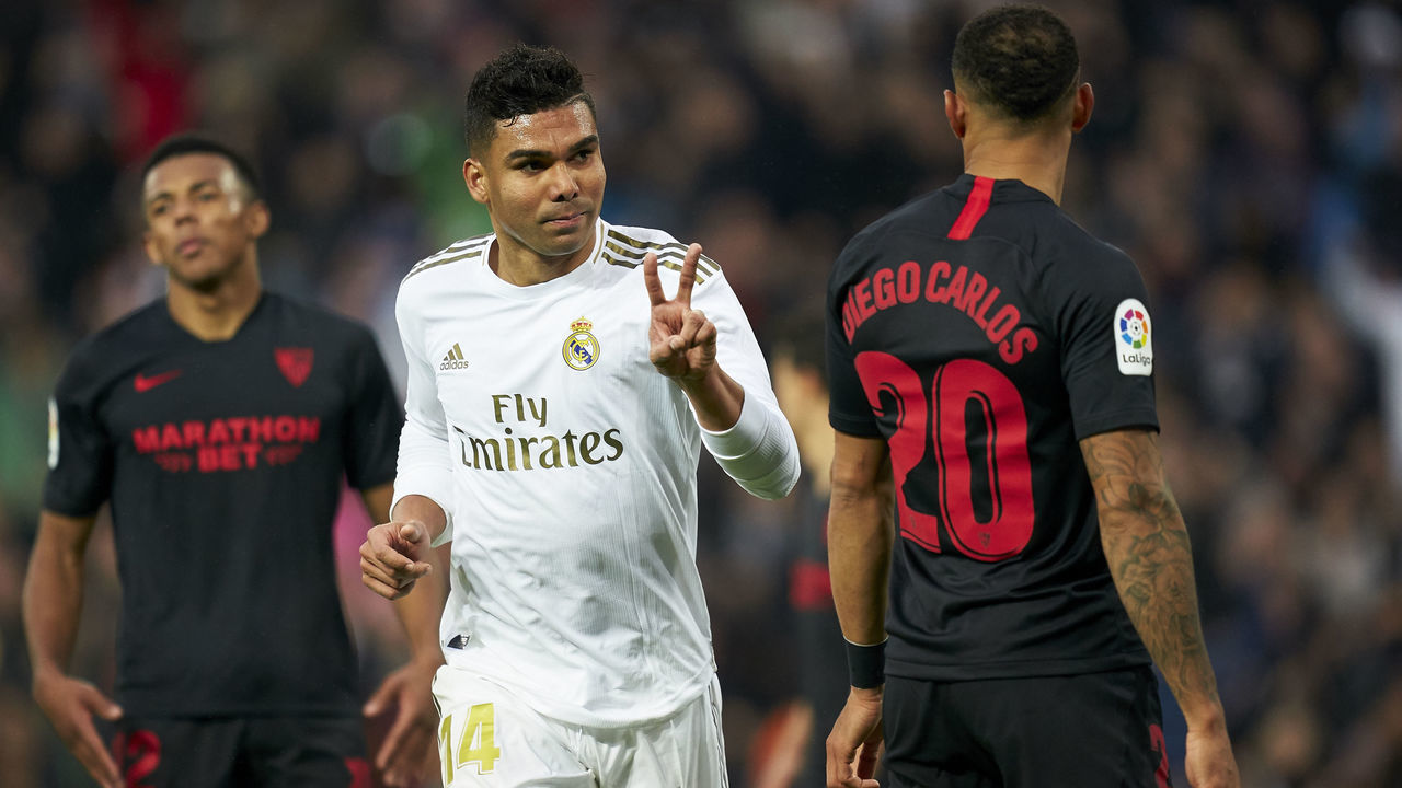 MADRID, SPAIN - JANUARY 18: Casemiro of Real Madrid celebrates after scoring his team's second goal during the Liga match between Real Madrid CF and Sevilla FC at Estadio Santiago Bernabeu on January 18, 2020 in Madrid, Spain.