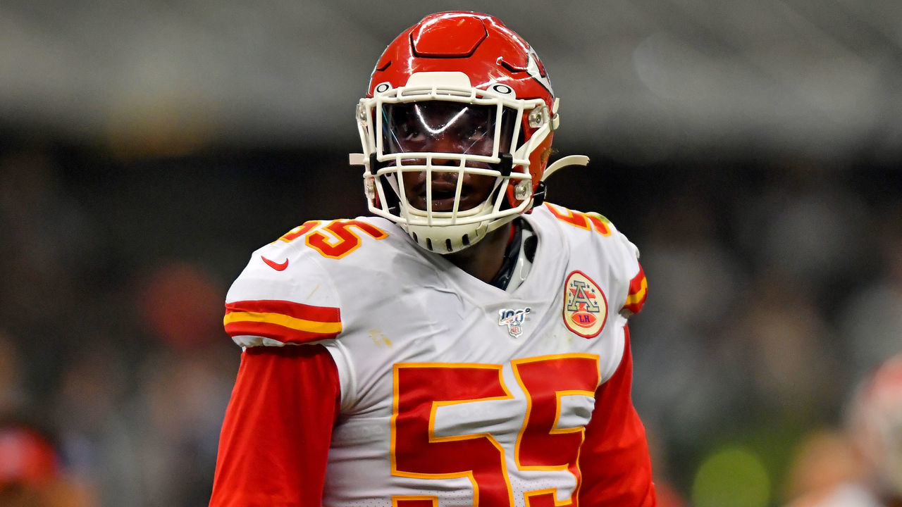 MEXICO CITY, MEXICO - NOVEMBER 18: Frank Clark #55 of the Kansas City Chiefs watches the video scoreboard during an NFL football game against the Los Angeles Chargers on Monday, November 18, 2019, in Mexico City. The Chiefs defeated the Chargers 24-17.