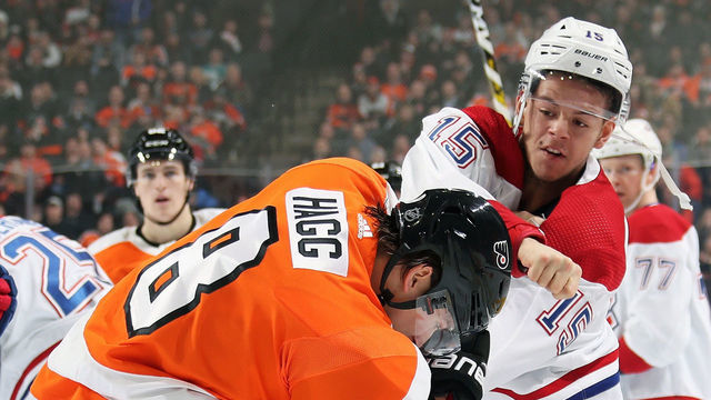 PHILADELPHIA, PA - JANUARY 16: Robert Hagg #8 of the Philadelphia Flyers fights Jesper Kotkaniemi #15 of the Montreal Canadiens in the third period on January 16, 2020 at the Wells Fargo Center in Philadelphia, Pennsylvania.