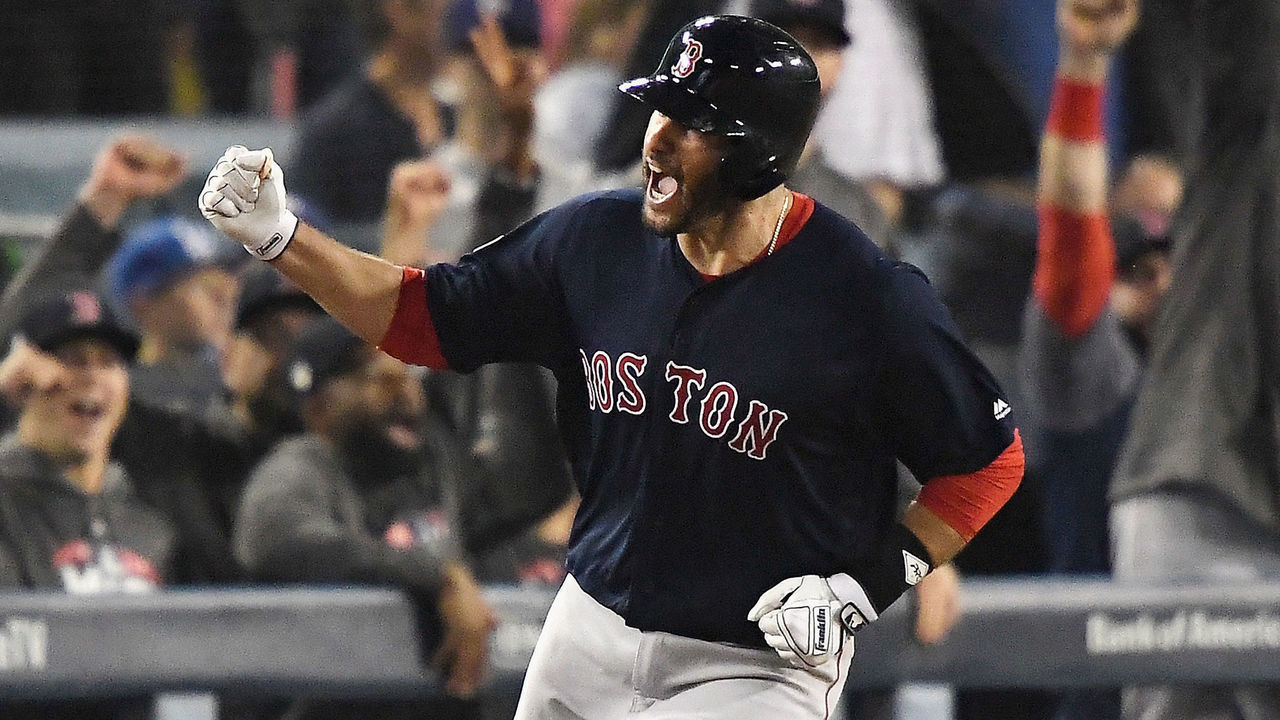LOS ANGELES, CA - OCTOBER 28: J.D. Martinez #28 of the Boston Red Sox rounds the bases after his seventh inning home run against the Los Angeles Dodgers in Game Five of the 2018 World Series at Dodger Stadium on October 28, 2018 in Los Angeles, California.