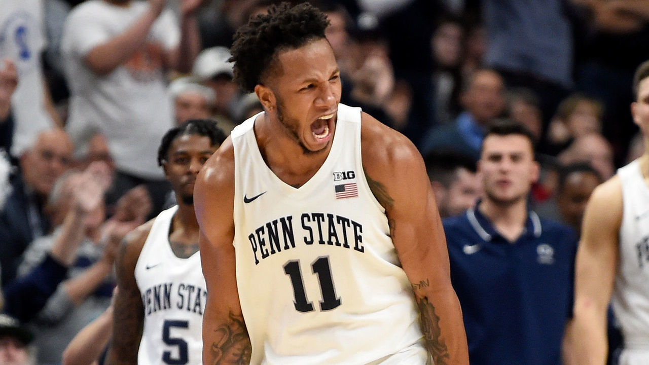 UNIVERSITY PARK, PA - DECEMBER 10: Lamar Stevens #11 of the Penn State Nittany Lions celebrates during the game against the Maryland Terrapins at Bryce Jordan Center on December 10, 2019 in University Park, Pennsylvania.