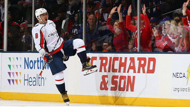 UNIONDALE, NEW YORK - JANUARY 18: Alex Ovechkin #8 of the Washington Capitals celebrates his first period goal against the New York Islanders at NYCB Live's Nassau Coliseum on January 18, 2020 in Uniondale, New York.