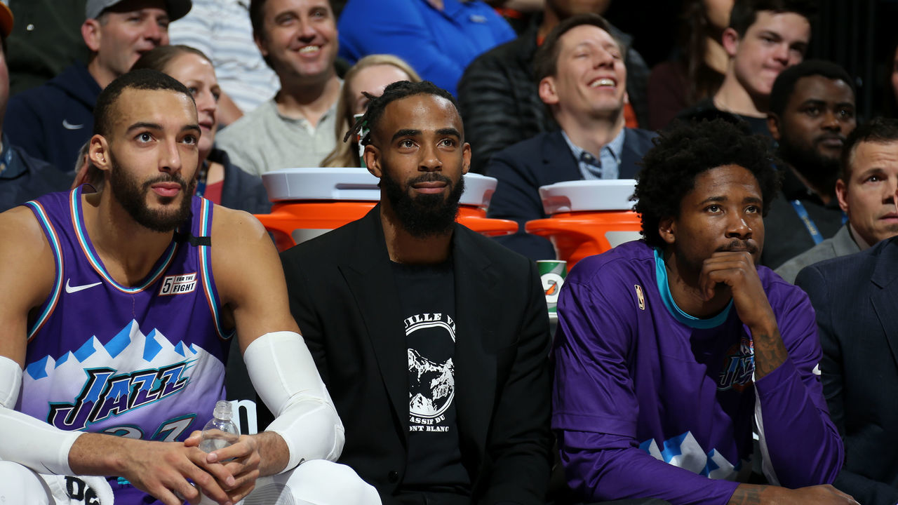 SALT LAKE CITY, UT - JANUARY 8: Rudy Gobert #27, and Mike Conley #10 of the Utah Jazz look on during the game against the New York Knicks on January 8, 2020 at Vivint Smart Home Arena in Salt Lake City, Utah. Mandatory Copyright Notice: Copyright 2020 NBAE
