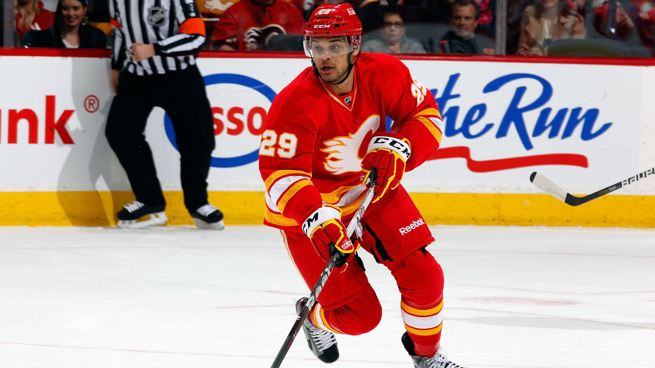 CALGARY, CANADA - APRIL 7: Akim Aliu #29 of the Calgary Flames skates the Anaheim Ducks on April 7, 2012 at the Scotiabank Saddledome in Calgary, Alberta, Canada. The Flames won 5-2.
