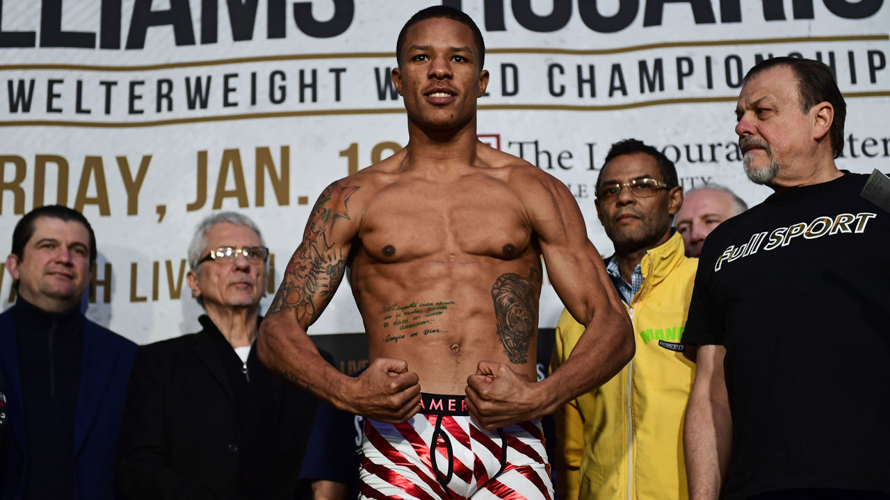 PHILADELPHIA, PA - JANUARY 17: Jeison Rosario flexes during a televised weigh-in at The Liacouras Center at Temple University on January 17, 2020 in Philadelphia, Pennsylvania. Unified World Super Welterweight Champion Julian 'J-Rock' Williams will defend his titles against Jeison Rosario Saturday, January 18 at the arena.