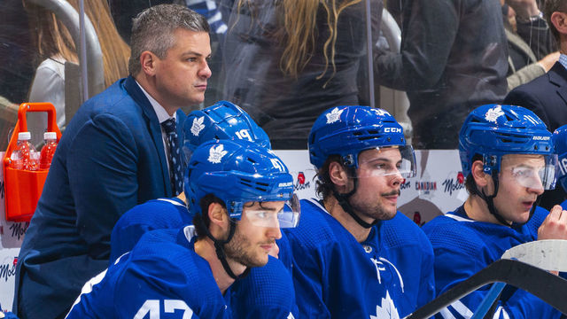 TORONTO, ON - JANUARY 8: Sheldon Keefe head coach of the Toronto Maple Leafs looks on against the Winnipeg Jets during the first period at the Scotiabank Arena on January 8, 2020 in Toronto, Ontario, Canada.
