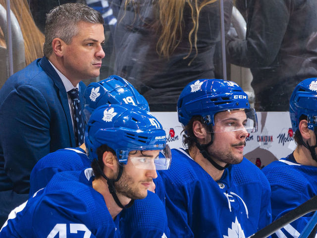 TORONTO, ON - JANUARY 8: Sheldon Keefe head coach of the Toronto Maple Leafs looks on against the Winnipeg Jets during the first period at the Scotiabank Arena on January 8, 2020 in Toronto, Ontario, Canada.