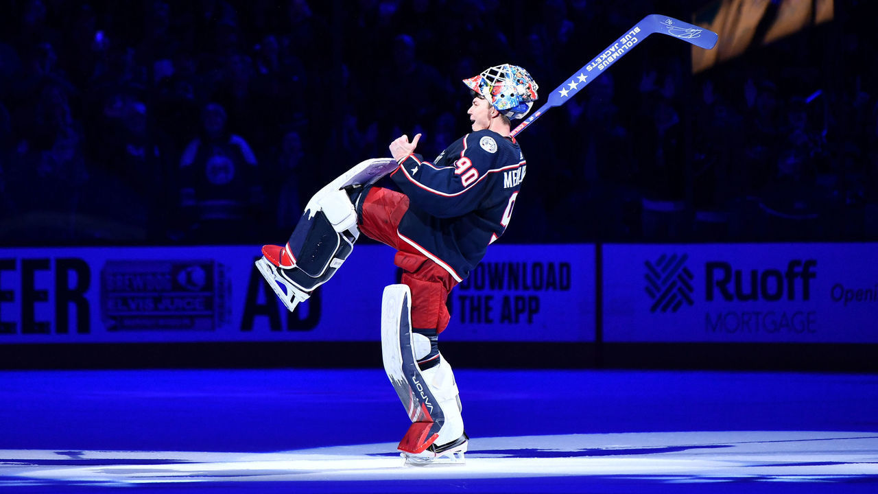 COLUMBUS, OH - JANUARY 18: Goaltender Elvis Merzlikins #90 of the Columbus Blue Jackets reacts after being named first star of the game following a 5-0 shutout victory over the New Jersey Devils on January 18, 2020 at Nationwide Arena in Columbus, Ohio.