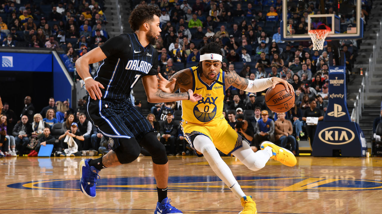 SAN FRANCISCO, CA - JANUARY 18: D'Angelo Russell #0 of the Golden State Warriors handles the ball against the Orlando Magic on January 18, 2020 at Chase Center in San Francisco, California. NOTE TO USER: User expressly acknowledges and agrees that, by downloading and or using this photograph, user is consenting to the terms and conditions of Getty Images License Agreement. Mandatory Copyright Notice: Copyright 2020 NBAE