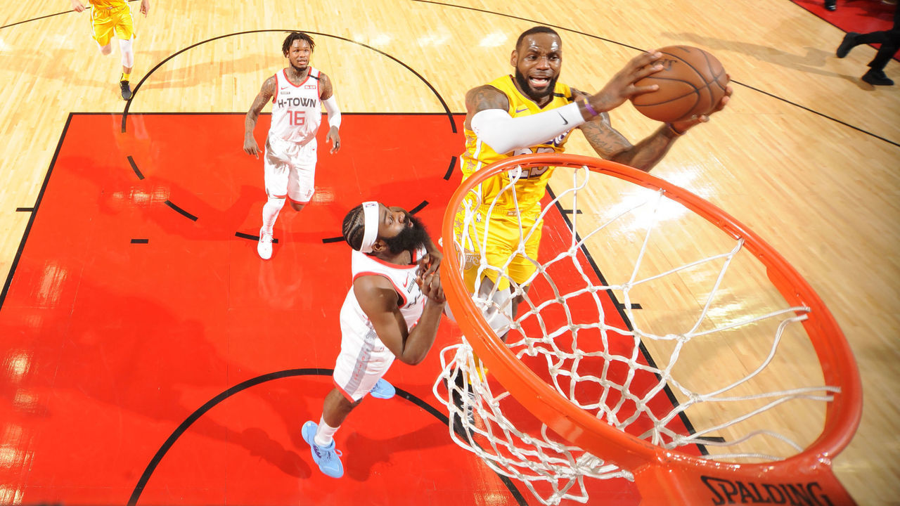 HOUSTON, TX - JANUARY 18 : LeBron James #23 of the Los Angeles Lakers drives to the basket against the Houston Rockets on January 18, 2020 at the Toyota Center in Houston, Texas. Mandatory Copyright Notice: Copyright 2020 NBAE