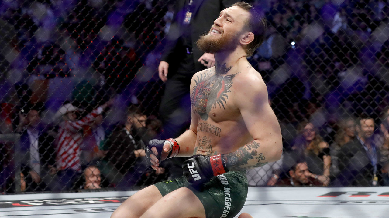 LAS VEGAS, NEVADA - JANUARY 18: Conor McGregor celebrates his first round TKO victory against Donald Cerrone in a welterweight bout during UFC246 at T-Mobile Arena on January 18, 2020 in Las Vegas, Nevada.