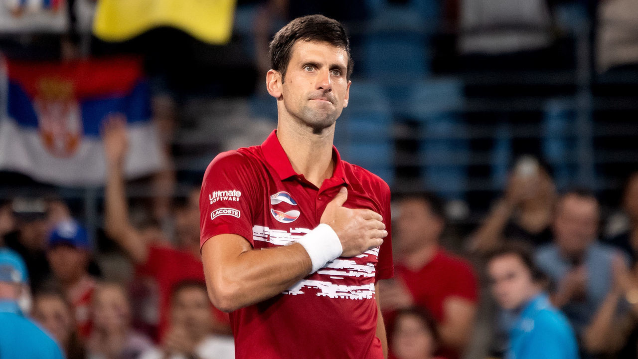 SYDNEY, AUSTRALIA - JANUARY 12: Novak Djokovic of Serbia celebrates the win over Rafael Nadal of Spain during day ten of the singles finals at the 2020 ATP Cup Tennis at Ken Rosewall Arena on January 12, 2020 in Sydney, Australia.