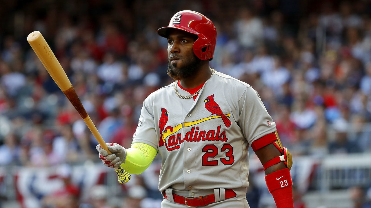 ATLANTA, GEORGIA - OCTOBER 09: Marcell Ozuna #23 of the St. Louis Cardinals in his second at bat of the first inning against the Atlanta Braves in game five of the National League Division Series at SunTrust Park on October 09, 2019 in Atlanta, Georgia.