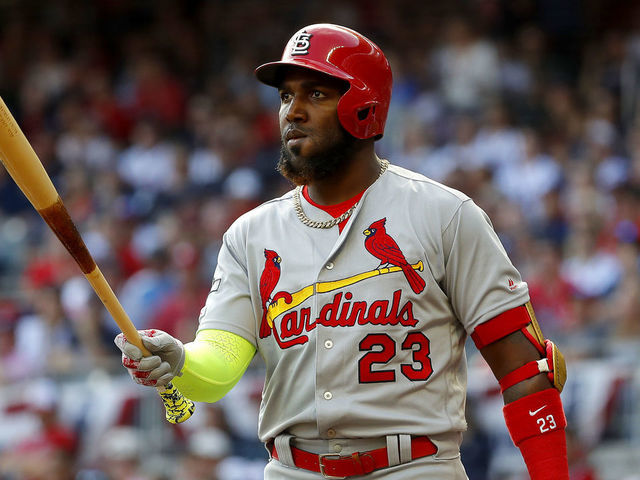 ATLANTA, GEORGIA - OCTOBER 09: Marcell Ozuna #23 of the St. Louis Cardinals in his second at bat of the first inning against the Atlanta Braves in game five of the National League Division Series at SunTrust Park on October 09, 2019 in Atlanta, Georgia.
