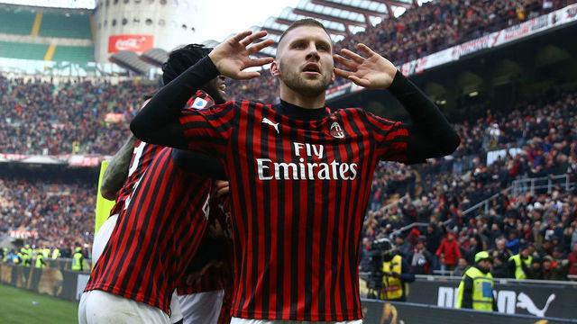 Ante Rebic of Milan celebrates with the teammates after scoring the goal of 3-2 during the Serie A match Ac Milan v Udinese Calcio at the San Siro Stadium in Milan, Italy on January 19, 2020