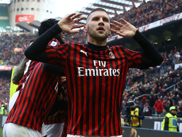 Ante Rebic of Milan celebrates with the teammates after scoring the goal of 3-2 during the Serie A match Ac Milan v Udinese Calcio at the San Siro Stadium in Milan, Italy on January 19, 2020