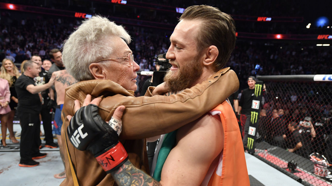 LAS VEGAS, NEVADA - JANUARY 18: Jerry Cerrone hugs Conor McGregor of Ireland during the UFC 246 event at T-Mobile Arena on January 18, 2020 in Las Vegas, Nevada.