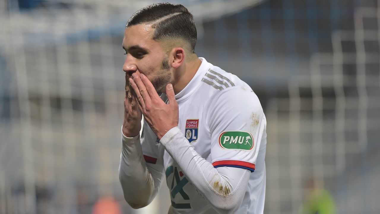 Lyons French forward Rayan Cherki celebrates after scoring a goal during the French Cup round of 64 football match between Bourg-en-Bresse (FBBP) and Lyon (OL) on January 4, 2020 at the Stade Marcel-Verchere Stadium in Bourg-en-Bresse.