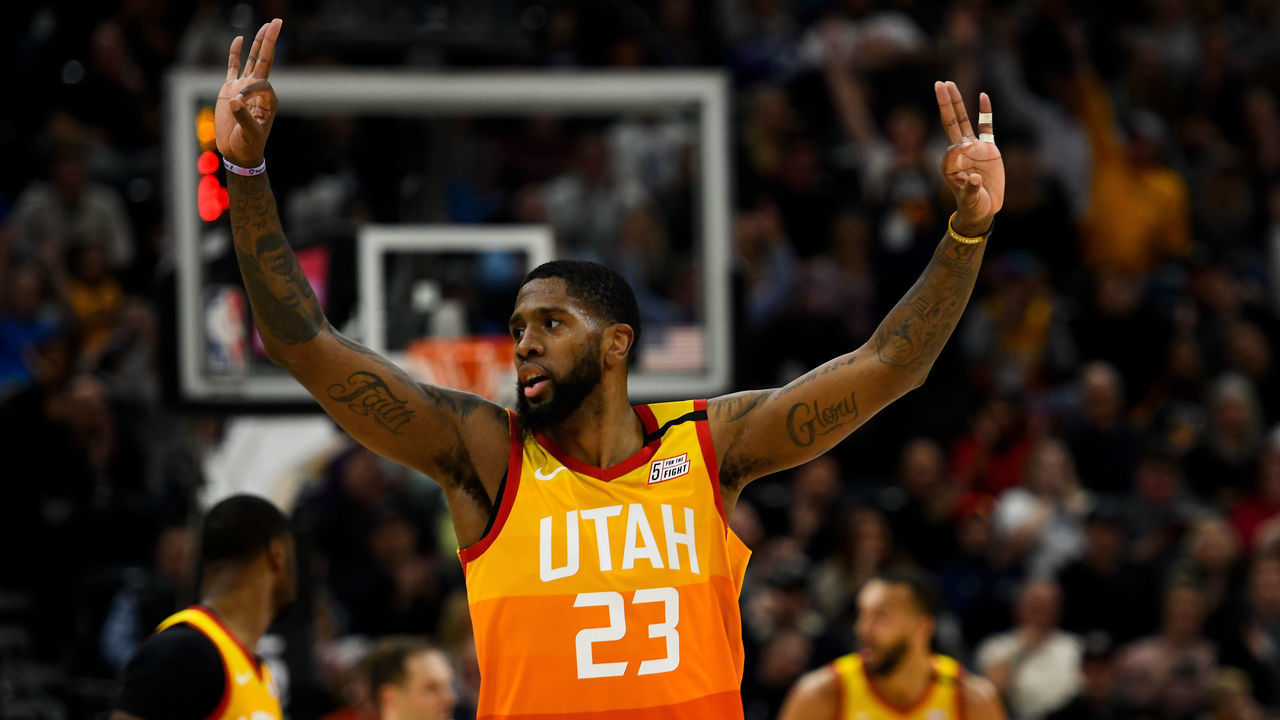 SALT LAKE CITY, UT - JANUARY 10: Royce O'Neale #23 of the Utah Jazz celebrates a play during a game against the Charlotte Hornets at Vivint Smart Home Arena on January 10, 2019 in Salt Lake City, Utah. NOTE TO USER: User expressly acknowledges and agrees that, by downloading and/or using this photograph, user is consenting to the terms and conditions of the Getty Images License Agreement.