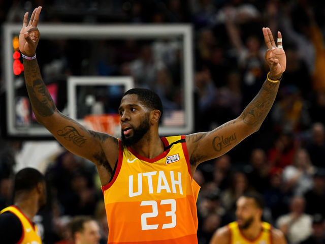 SALT LAKE CITY, UT - JANUARY 10: Royce O'Neale #23 of the Utah Jazz celebrates a play during a game against the Charlotte Hornets at Vivint Smart Home Arena on January 10, 2019 in Salt Lake City, Utah. NOTE TO USER: User expressly acknowledges and agrees that, by downloading and/or using this photograph, user is consenting to the terms and conditions of the Getty Images License Agreement.