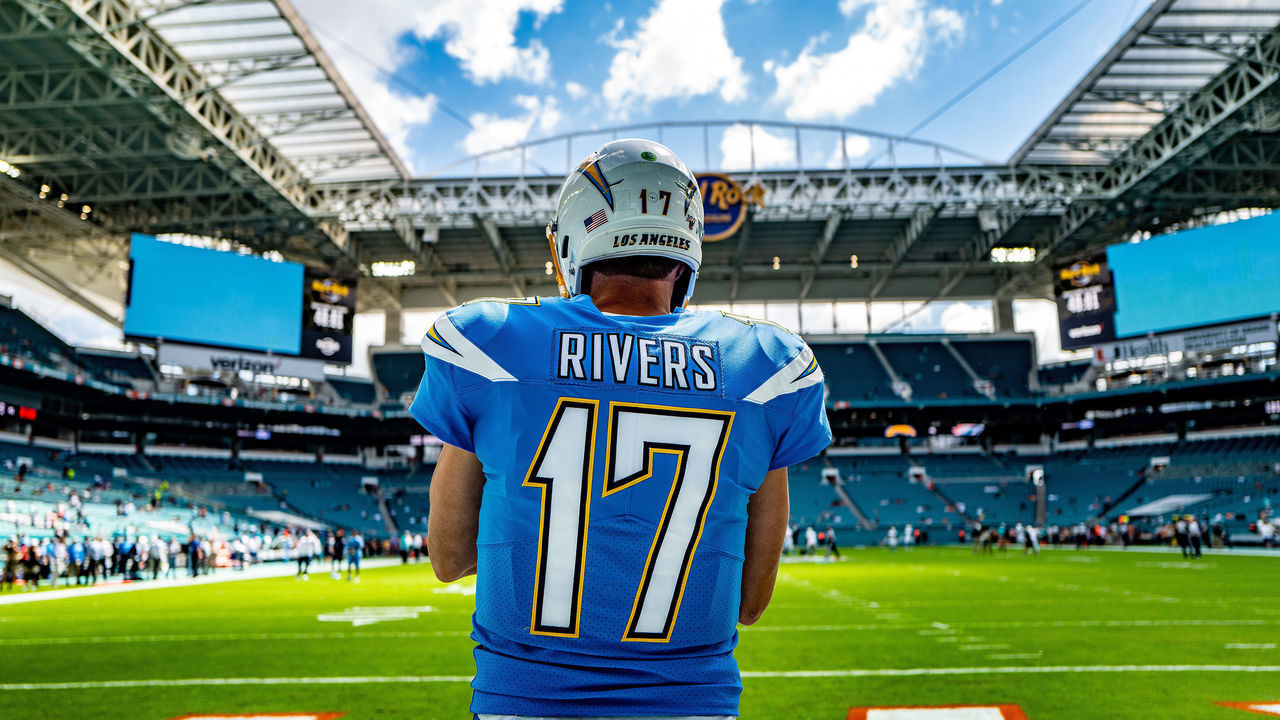 MIAMI, FLORIDA - SEPTEMBER 29: Philip Rivers #17 of the Los Angeles Chargers on the field prior to the game against the Miami Dolphins at Hard Rock Stadium on September 29, 2019 in Miami, Florida.