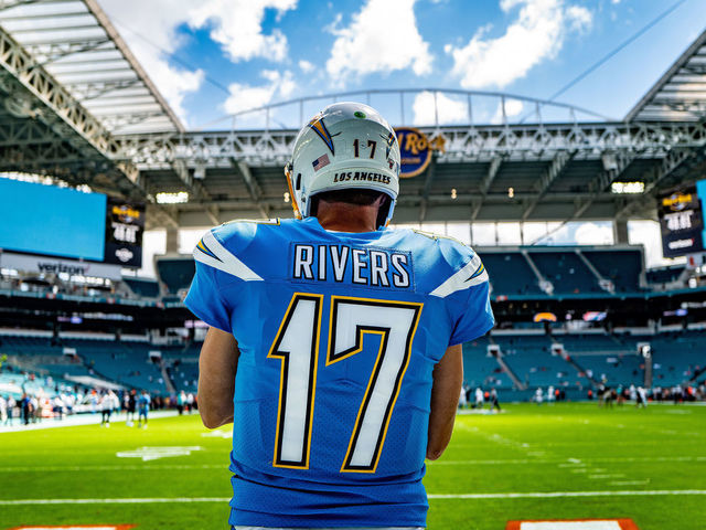 MIAMI, FLORIDA - SEPTEMBER 29: Philip Rivers #17 of the Los Angeles Chargers on the field prior to the game against the Miami Dolphins at Hard Rock Stadium on September 29, 2019 in Miami, Florida.