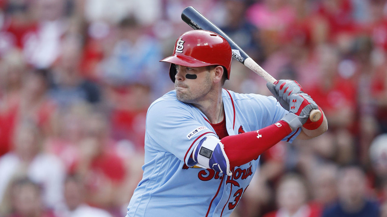 CINCINNATI, OH - AUGUST 17: Matt Wieters #32 of the St. Louis Cardinals bats during a game against the Cincinnati Reds at Great American Ball Park on August 17, 2019 in Cincinnati, Ohio. The Reds won 6-1.