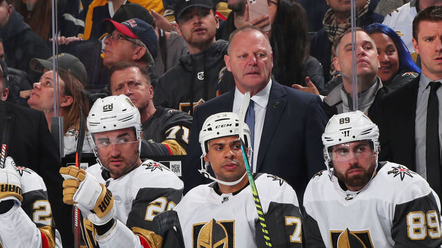 BUFFALO, NY - JANUARY 14: Vegas Golden Knights head coach Gerard Gallant watches the action during an NHL game against the Buffalo Sabres on January 14, 2020 at KeyBank Center in Buffalo, New York. Buffalo won, 4-2.
