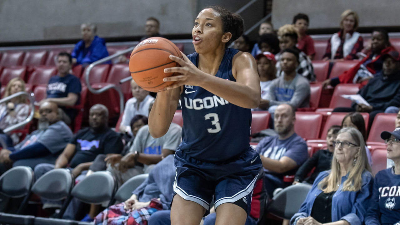 DALLAS, TX - JANUARY 05: UConn Huskies forward Megan Walker (#3) takes a shot during the American Athletic Conference womens college basketball game between the UConn Huskies and the SMU Mustangs on January 05, 2020 at Moody Coliseum in Dallas, Texas.