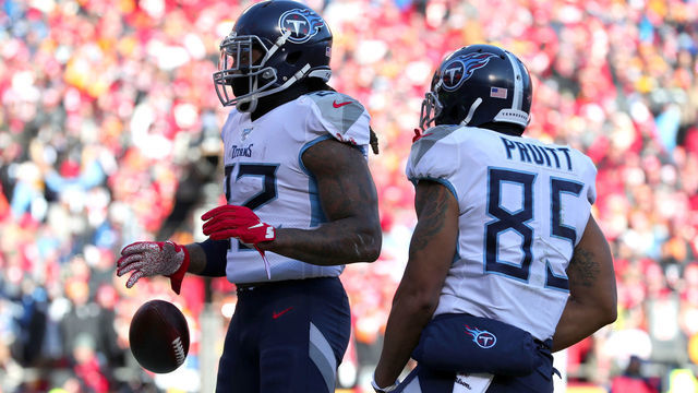 KANSAS CITY, MISSOURI - JANUARY 19: Derrick Henry #22 of the Tennessee Titans reacts after a 4 yard touchdown run in the first quarter against the Kansas City Chiefs in the AFC Championship Game at Arrowhead Stadium on January 19, 2020 in Kansas City, Missouri.