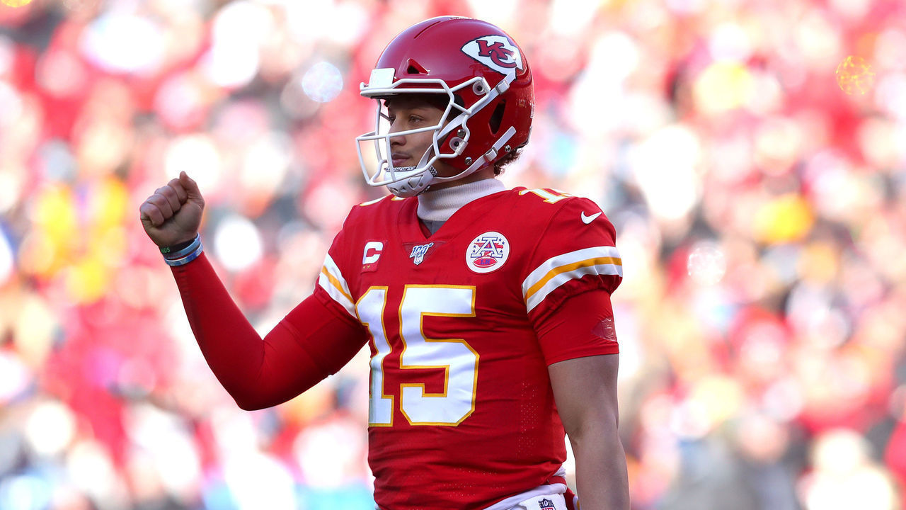 KANSAS CITY, MISSOURI - JANUARY 19: Patrick Mahomes #15 of the Kansas City Chiefs reacts after a touchdown in the first quarter against the Tennessee Titans in the AFC Championship Game at Arrowhead Stadium on January 19, 2020 in Kansas City, Missouri.
