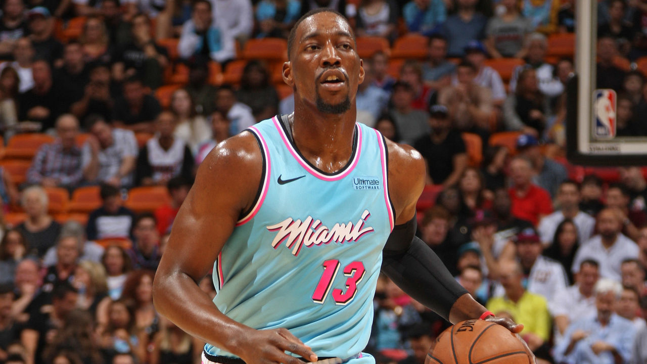 MIAMI, FL - DECEMBER 28: Bam Adebayo #13 of the Miami Heat dribbles up court against the Philadelphia 76ers on December 28, 2019 at American Airlines Arena in Miami, Florida. Mandatory Copyright Notice: Copyright 2020 NBAE