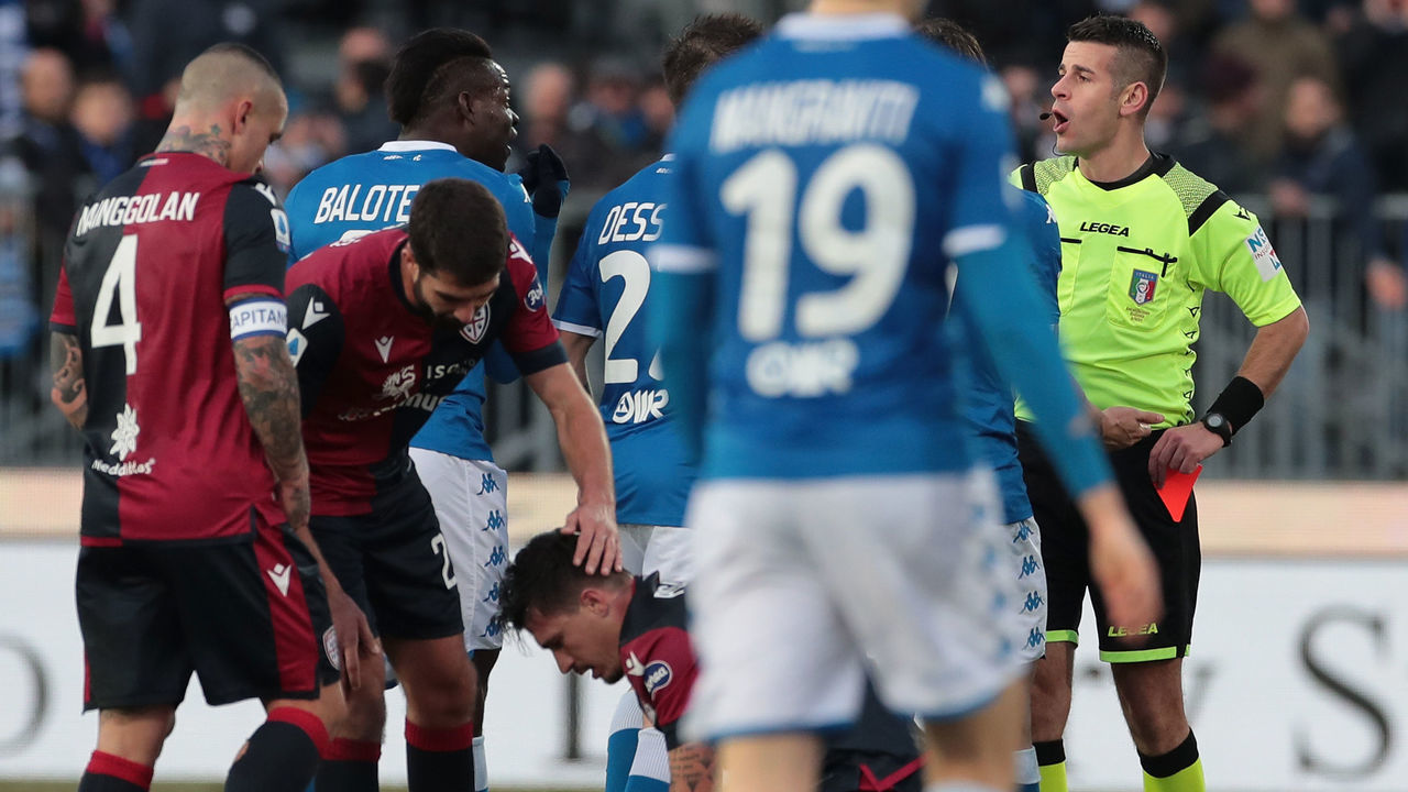 BRESCIA, ITALY - JANUARY 19: Mario Balotelli of Brescia Calcio reacts after receives a red card from referee Antonio Giua during the Serie A match between Brescia Calcio and Cagliari Calcio at Stadio Mario Rigamonti on January 19, 2020 in Brescia, Italy.