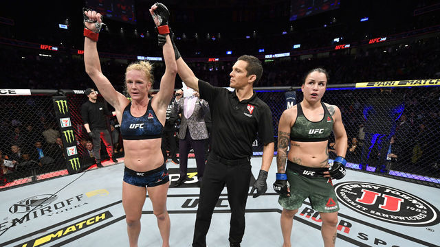 LAS VEGAS, NEVADA - JANUARY 18: Holly Holm has her hand raised in victory over Raquel Pennington in their bantamweight fight during the UFC 246 event at T-Mobile Arena on January 18, 2020 in Las Vegas, Nevada.