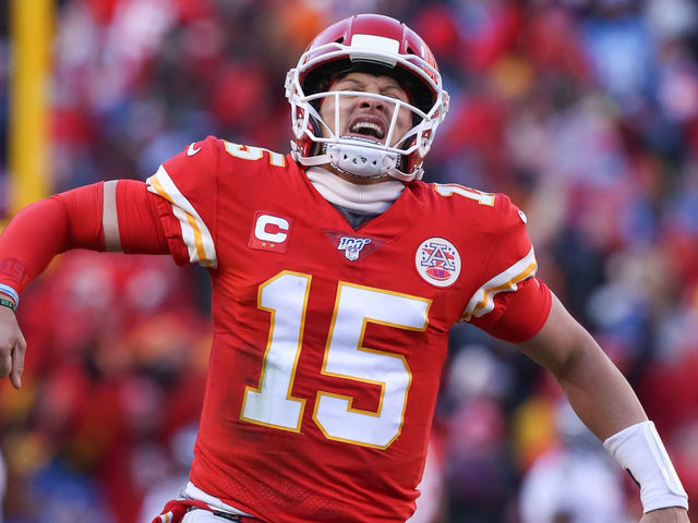 KANSAS CITY, MO - JANUARY 19: Kansas City Chiefs quarterback Patrick Mahomes (15) yells in celebration after completing a 20-yard touchdown pass to wide receiver Tyreek Hill (10) in the second quarter of the AFC Championship game between the Tennessee Titans and Kansas City Chiefs on January 19, 2020 at Arrowhead Stadium in Kansas City, MO.