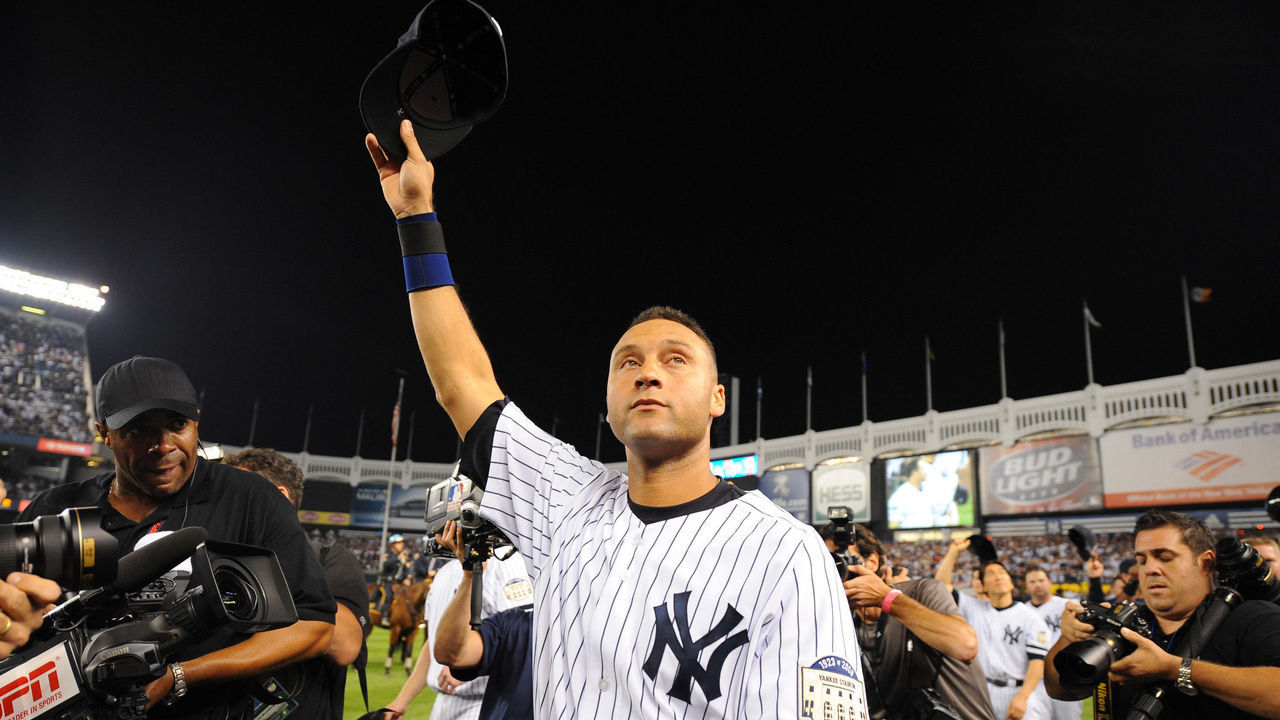 NEW YORK - SEPTEMBER 21: Derek Jeter, captain of the New York Yankees tips his cap to the fans after the final game ever at Yankee Stadium between the New York Yankees and the Baltimore Orioles at Yankee Stadium on September 21, 2008 in the Bronx borough of New York City. The Yankees defeated the Orioles 7-3.