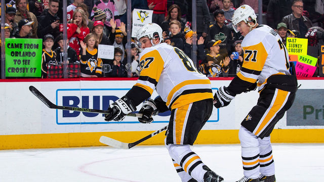 DETROIT, MI - JANUARY 17: Evgeni Malkin #71 and Sidney Crosby #87 of the Pittsburgh Penguins warm ups prior to an NHL game against the Detroit Red Wings at Little Caesars Arena on January 17, 2020 in Detroit, Michigan. Pittsburgh defeated Detroit 2-1 in overtime.