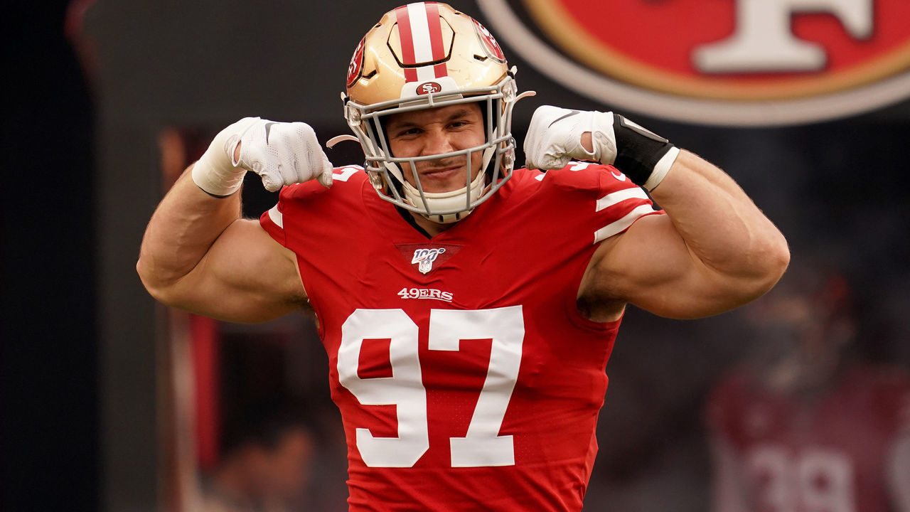 SANTA CLARA, CALIFORNIA - JANUARY 19: Nick Bosa #97 of the San Francisco 49ers runs onto the field prior to the start of the NFC Championship game against the Green Bay Packers at Levi's Stadium on January 19, 2020 in Santa Clara, California.