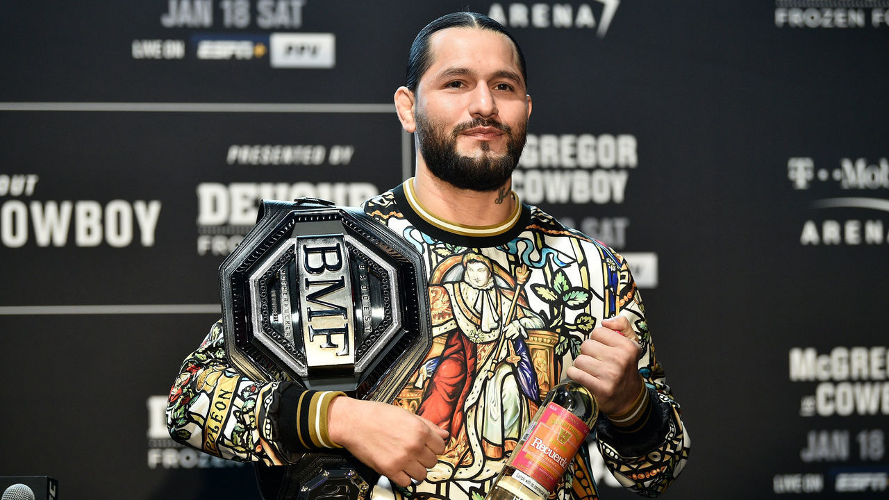 LAS VEGAS, NV - JANUARY 16: UFC welterweight Jorge Masvidal interacts with the media during the UFC 246 Ultimate Media Day at UFC APEX on January 16, 2020 in Las Vegas, Nevada.