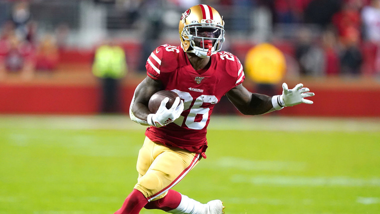 SANTA CLARA, CALIFORNIA - DECEMBER 21: Tevin Coleman #26 of the San Francisco 49ers carries the ball against the Los Angeles Rams during the second half of an NFL football game at Levi's Stadium on December 21, 2019 in Santa Clara, California.