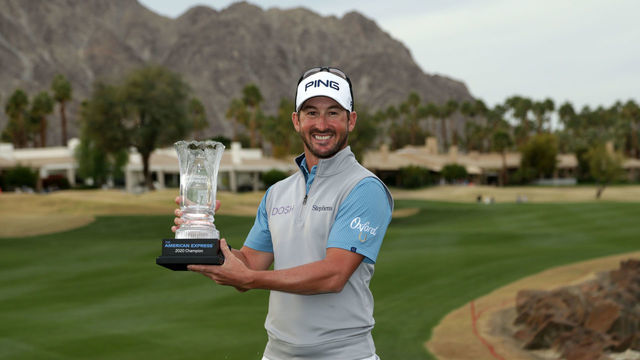 LA QUINTA, CALIFORNIA - JANUARY 19: Andrew Landry poses with the trophy on the 18th green during the final round of The American Express tournament at the Stadium Course at PGA West on January 19, 2020 in La Quinta, California.