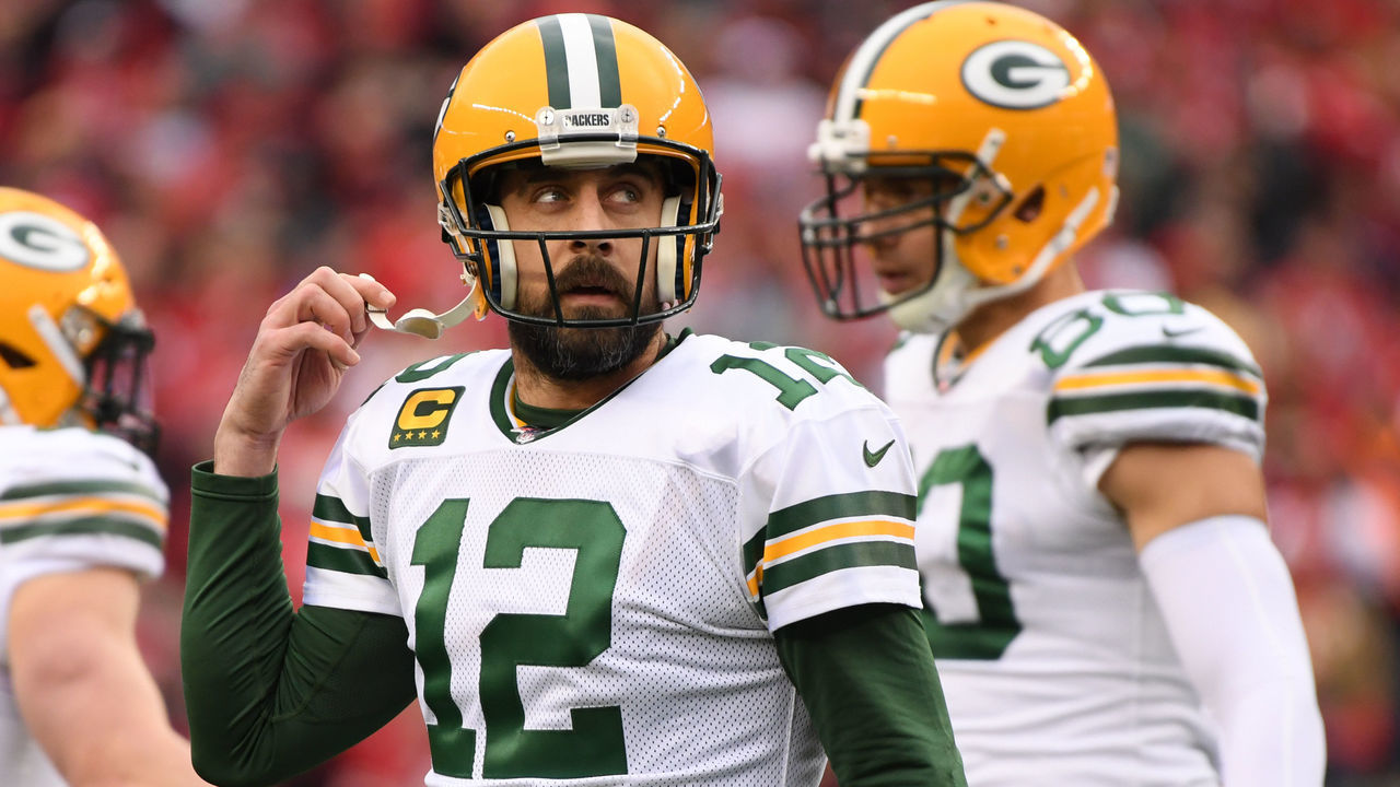 SANTA CLARA, CALIFORNIA - JANUARY 19: Aaron Rodgers #12 of the Green Bay Packers reacts as the punt team comes on during the first quarter against the San Francisco 49ers at the NFC Championship game at Levi's Stadium on January 19, 2020 in Santa Clara, California.