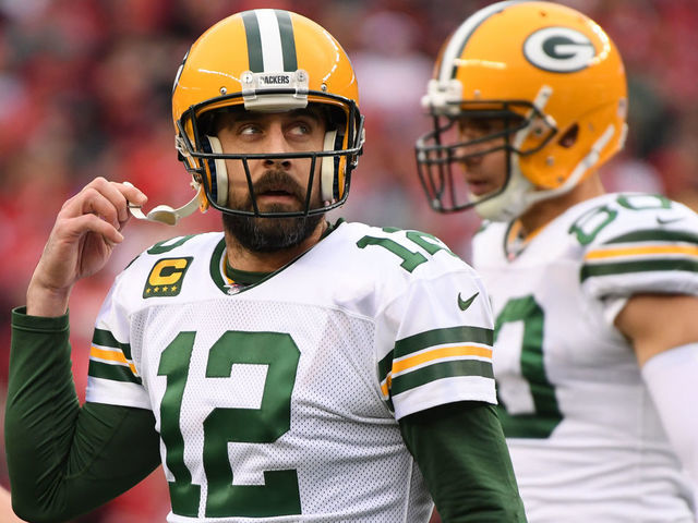SANTA CLARA, CALIFORNIA - JANUARY 19: Aaron Rodgers #12 of the Green Bay Packers reacts as the punt team comes on during the first quarter against the San Francisco 49ers at the NFC Championship game at Levi's Stadium on January 19, 2020 in Santa Clara, California.
