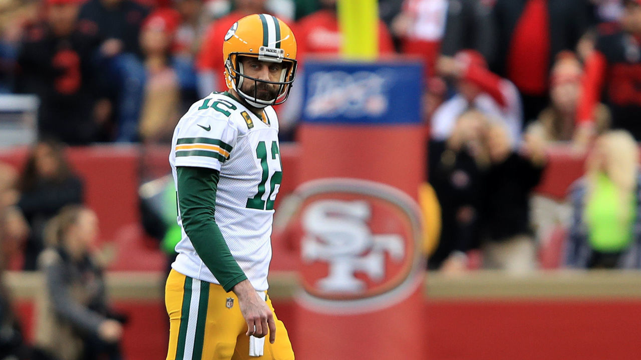 SANTA CLARA, CALIFORNIA - JANUARY 19: Aaron Rodgers #12 of the Green Bay Packers walks off the field in the first half against the San Francisco 49ers during the NFC Championship game at Levi's Stadium on January 19, 2020 in Santa Clara, California.
