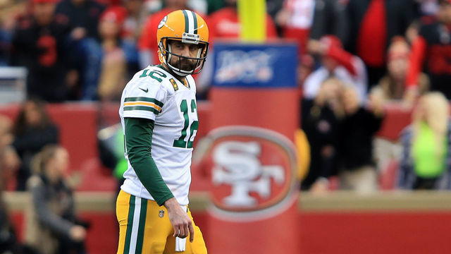 SANTA CLARA, CALIFORNIA - JANUARY 19: Aaron Rodgers #12 of the Green Bay Packers walks off the field in the first half against the San Francisco 49ers during the NFC Championship game at Levi's Stadium on January 19, 2020 in Santa Clara, California.