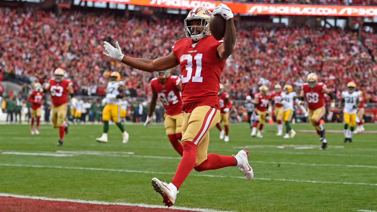 SANTA CLARA, CA - JANUARY 19: San Francisco 49ers' Raheem Mostert (31) scores a touchdown in front of Green Bay Packers' Jaire Alexander (23) in the first quarter of their NFC Championship game at Levi's Stadium in Santa Clara, Calif., on Sunday, Jan. 19, 2020 (Jose Carlos Fajardo/MediaNews Group/The Mercury News via Getty Images)