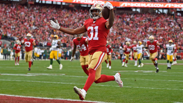 SANTA CLARA, CA - JANUARY 19: San Francisco 49ers' Raheem Mostert (31) scores a touchdown in front of Green Bay Packers' Jaire Alexander (23) in the first quarter of their NFC Championship game at Levi's Stadium in Santa Clara, Calif., on Sunday, Jan. 19, 2020 (Jose Carlos Fajardo/MediaNews Group/The Mercury News via Getty Images)